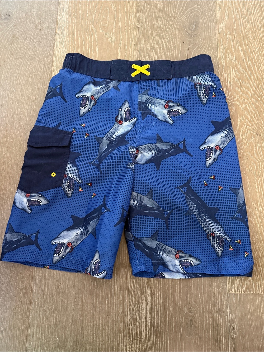 Cat & Jack Navy and Blue Shark Swim Shorts with Yellow Accent